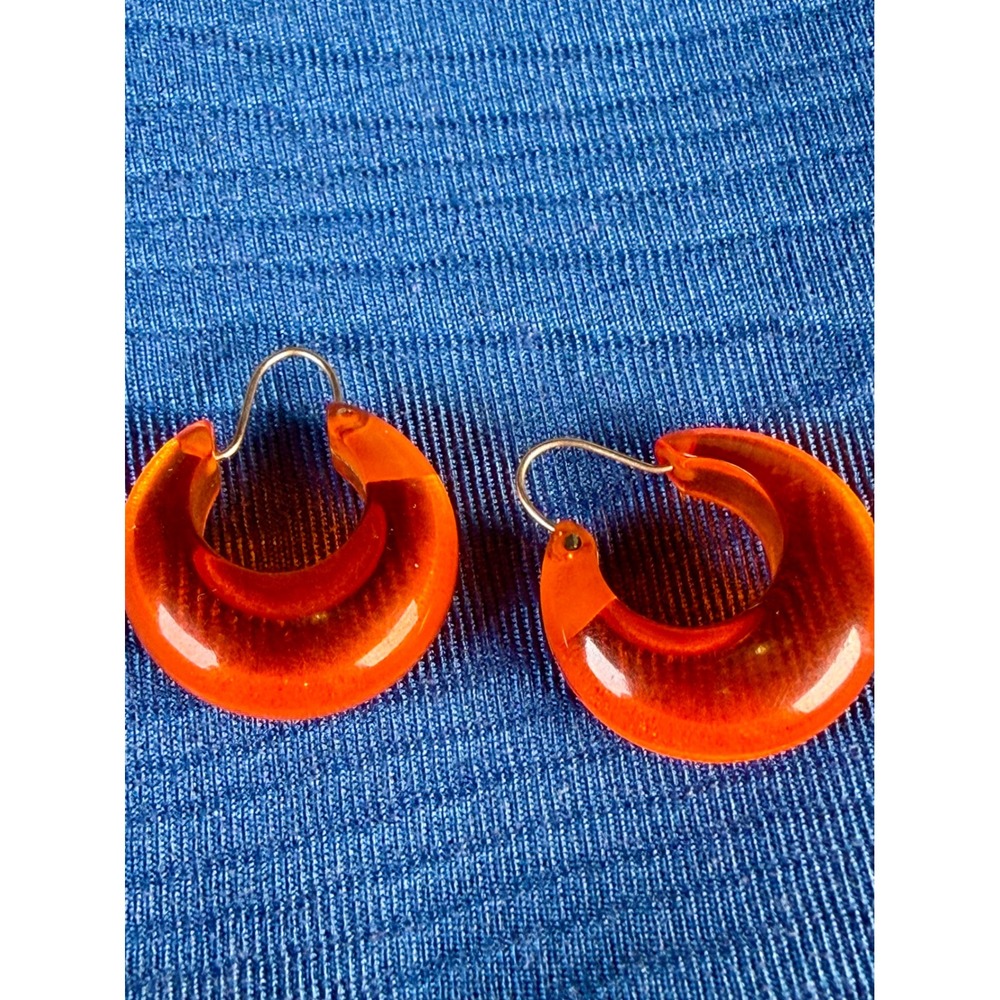 Vintage Orange Translucent Resin Chunky Hoop Earrings Fish Crescent Style